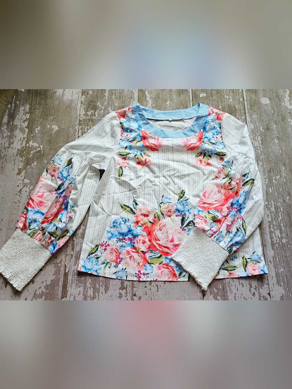 Floral Stripe Long-Sleeve Top - White with Coral & Blue Size Large